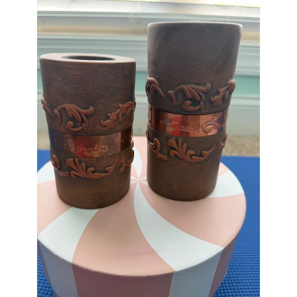 Rustic Faux Wood Pillar Candle Holders Set Daughter & Special Friend Copper Band